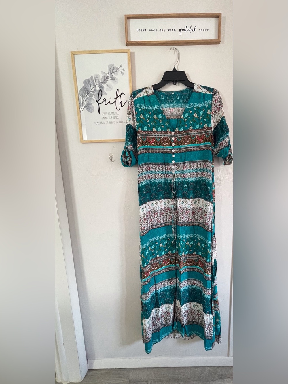 Teal Patterned Boho Button-Front Maxi Dress